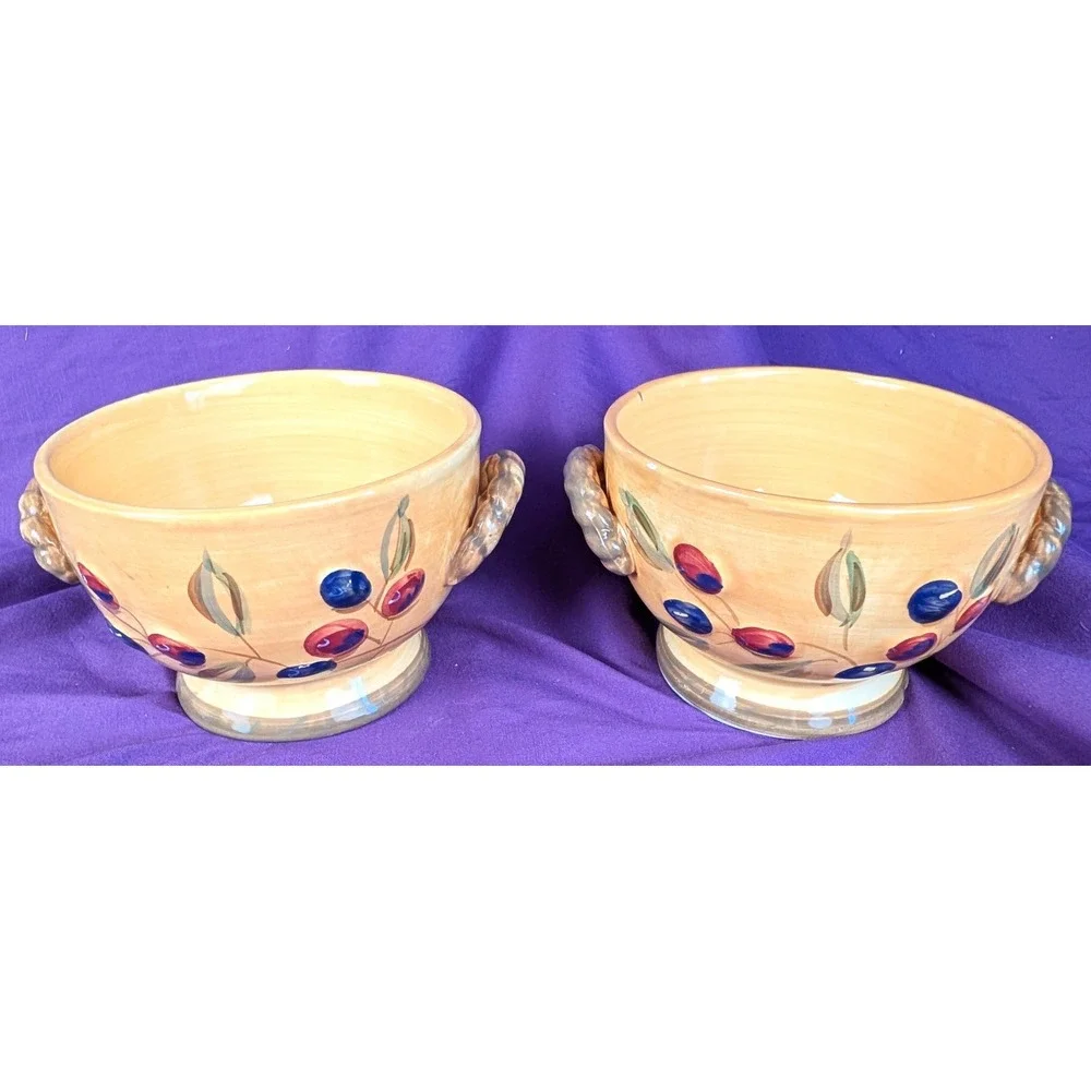 Gibson BISTRO ITALIA 2 Bowls Olive Branch Rope Handles Hand Painted 20oz